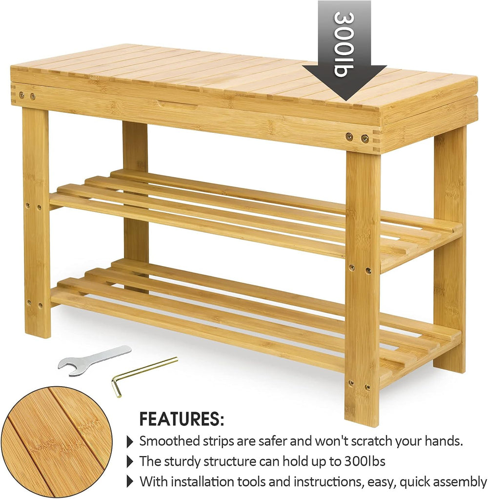 3-Tier Bamboo Shoe Rack Bench, Entryway Bench with Storage Drawer, Natural