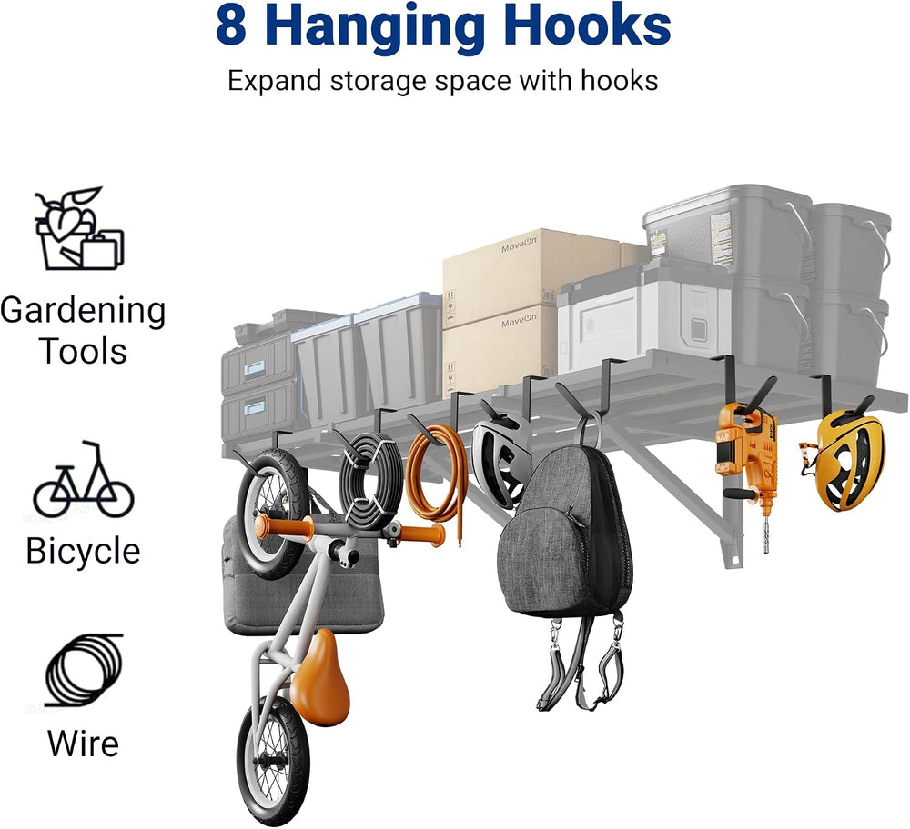 FLEXIMOUNTS 2-Pack 2x4ft Garage Wall Shelving, 8 Hooks, Heavy Duty, Black