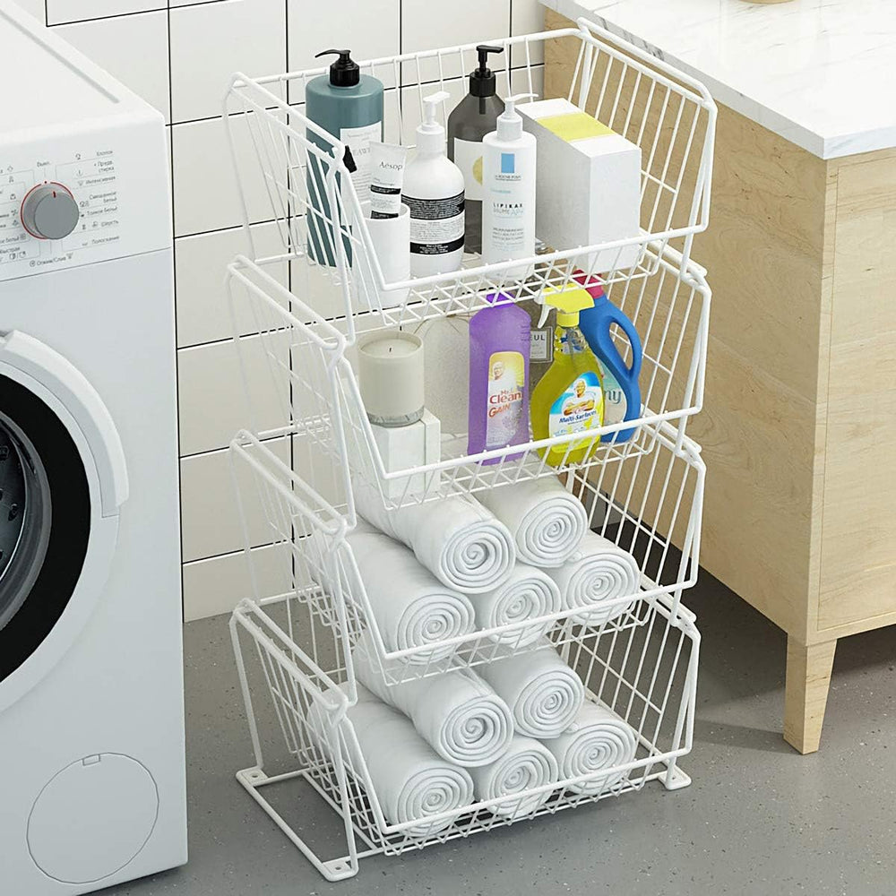PUSDON 4-Tier Large Stackable Wire Storage Baskets with Wheels, Metal Rolling...