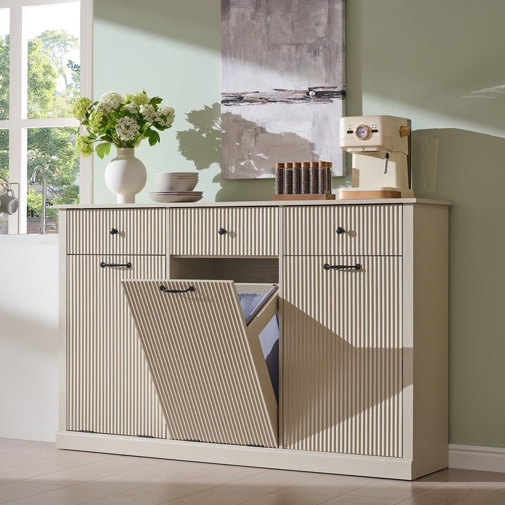 IFBUY Triple Tilt Out Laundry Hamper Cabinet, Trash Can Cabinet, Cream