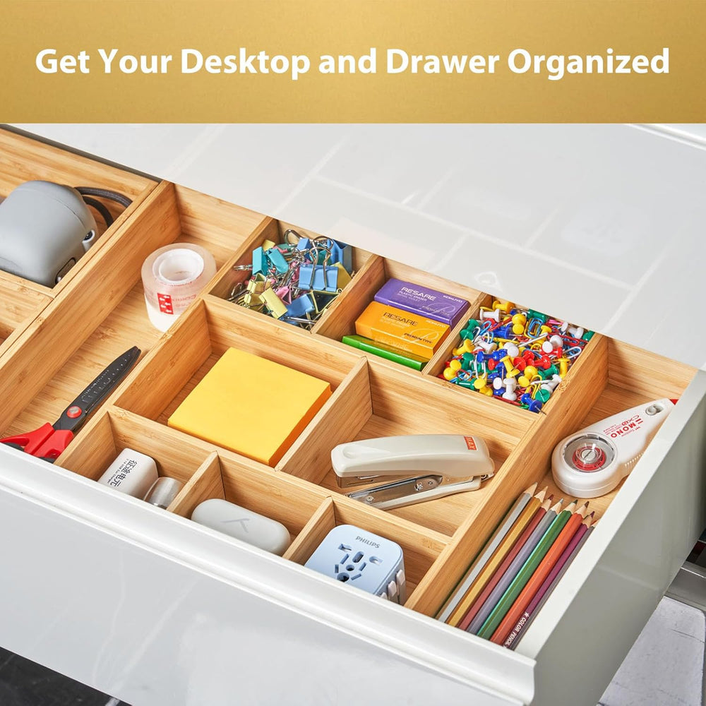 Extra Large Bamboo Desk Drawer Organizer, Wood Junk Organizer Tray with Adjus...
