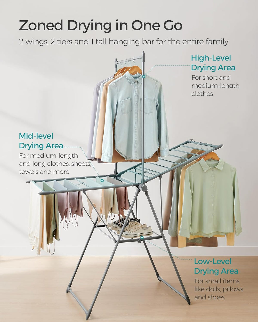 SONGMICS HOME Clothes Drying Rack, Foldable 2-Level Free-Standing Airer