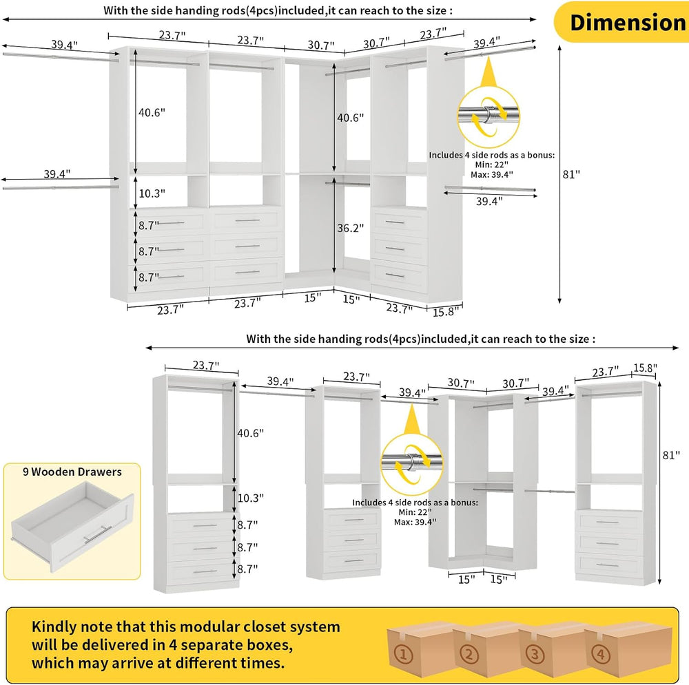 Closet System with 9 Drawers, Corner Closet Organizer System with 9 Hanging R...