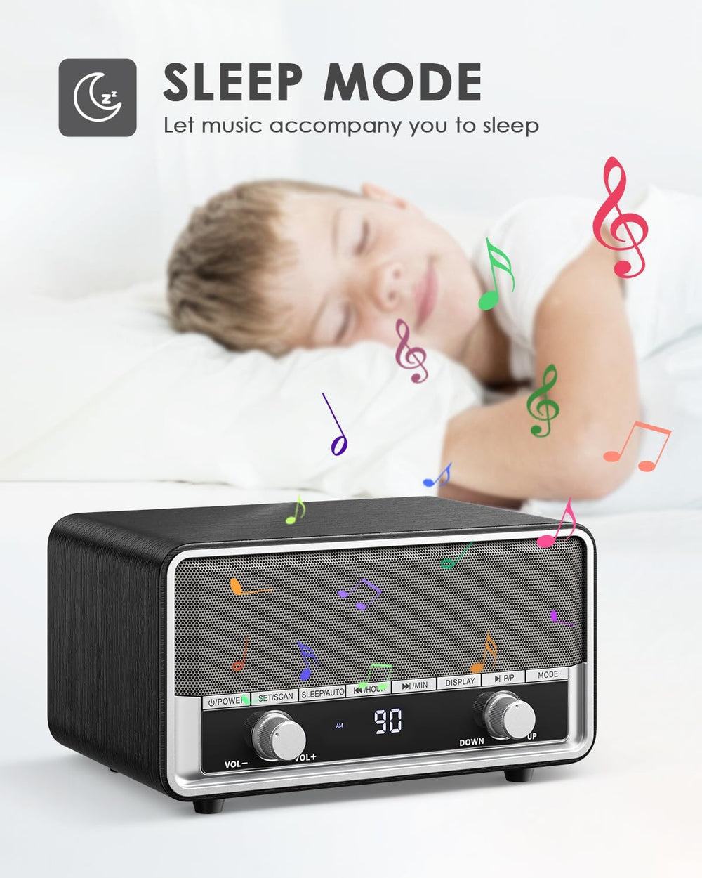 Retro Wood AM FM Bluetooth Radio with Time/Station Display