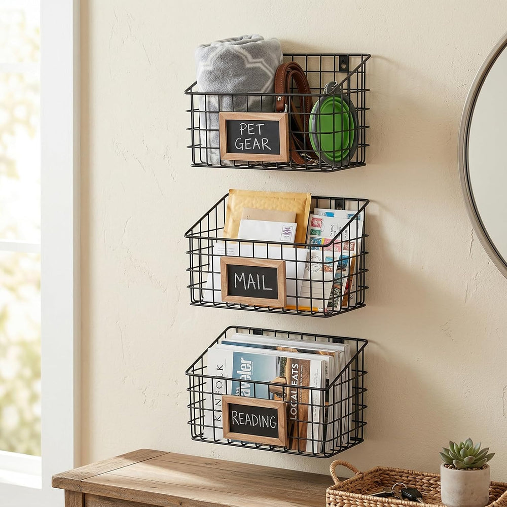 MyGift 10 Inch Wall Mounted Matte Black Metal Wire Storage Baskets with Chalk...