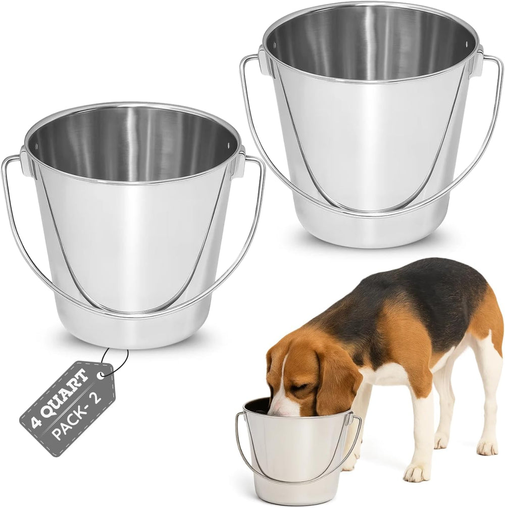 4Qt Heavy Duty Stainless Steel Water Bucket for Kennel, 2-Pack