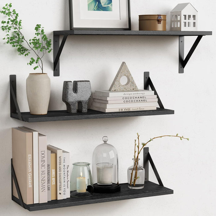 Forbena Large Floating Shelves for Wall 24 Inch Long Set of 3, 8 in Deep Wall Bookshelf for Bedroom Living Room, Wooden Heavy Duty Hanging Book Shelves for Office Kitchen Closet Storage (Black)