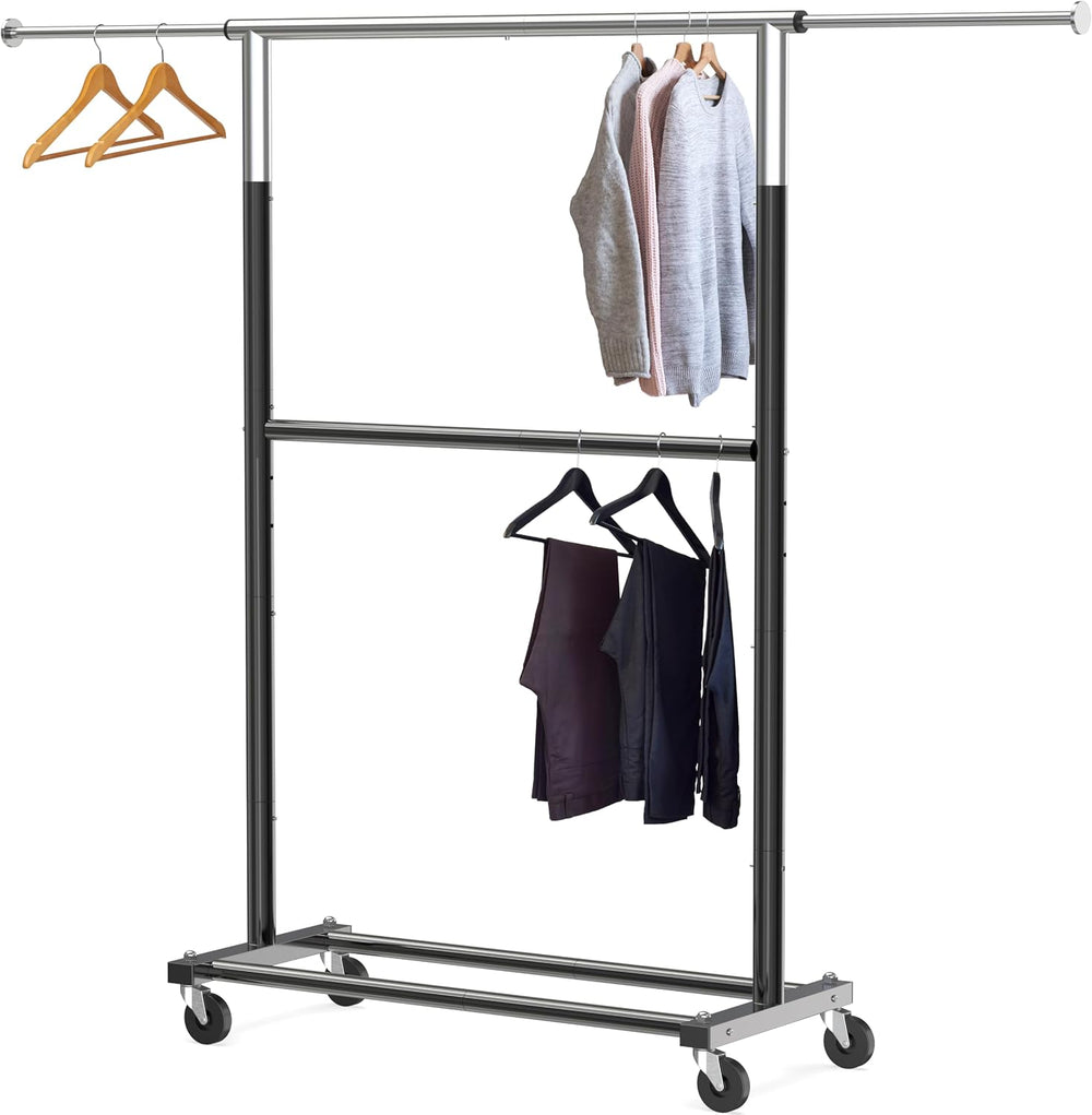 Simple Houseware Double Rod Adjustable Clothing Garment Rack, Black