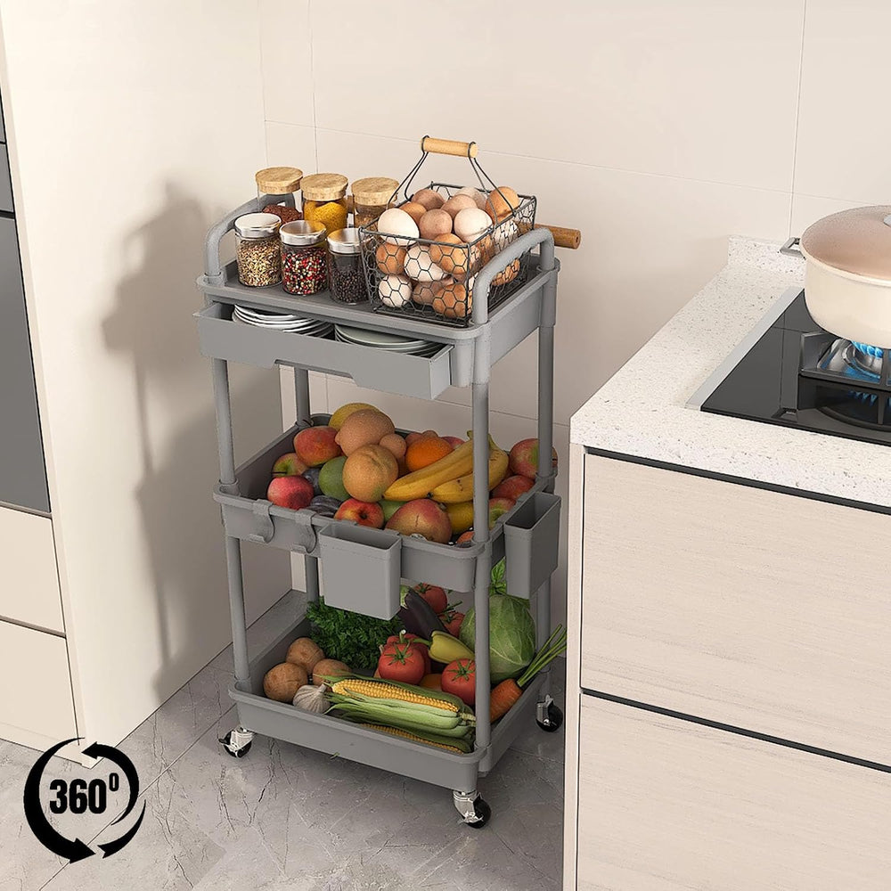3 Tier Rolling Utility Cart with Drawer, Plastic Storage Organizer Rolling Ca...