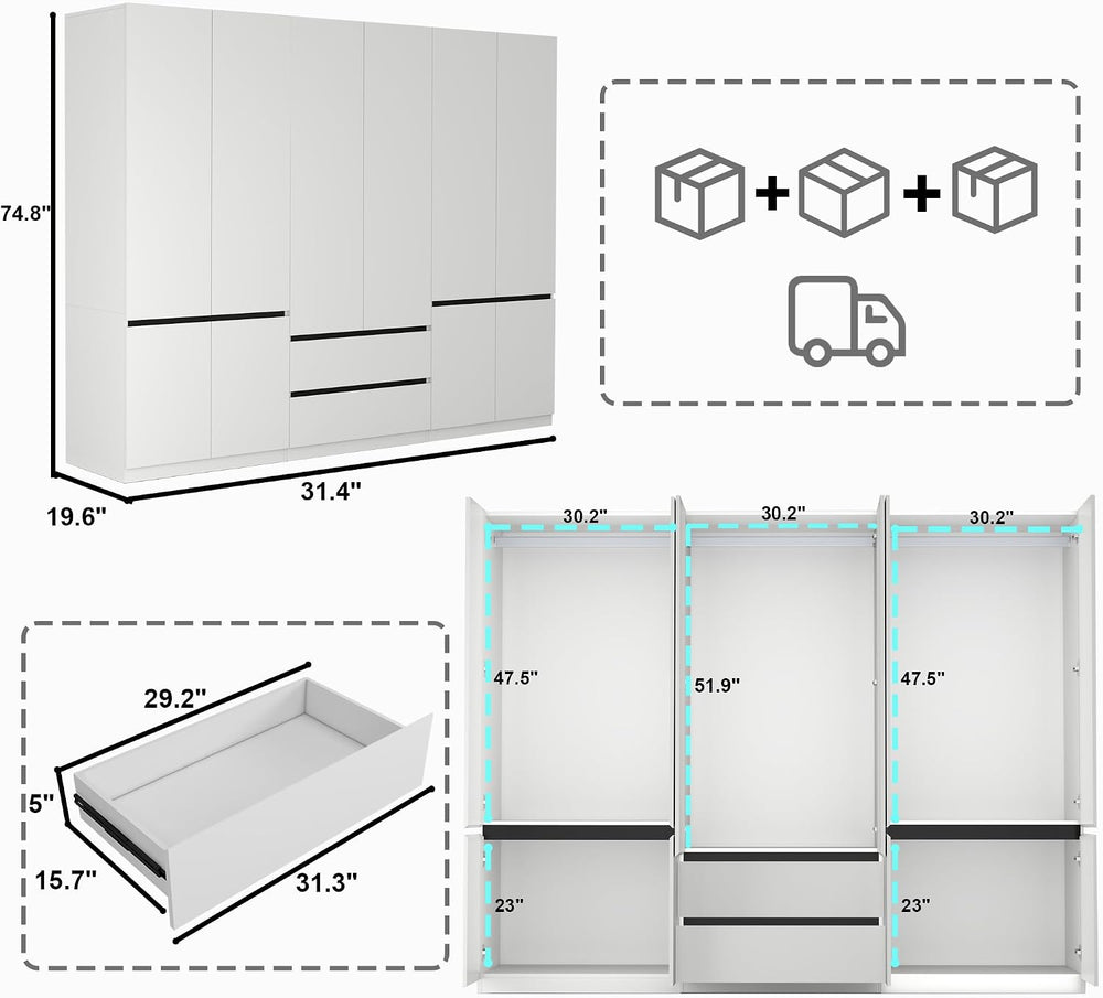 White Armoire Wardrobe Closet with 6 Doors: 75" H x 63" W