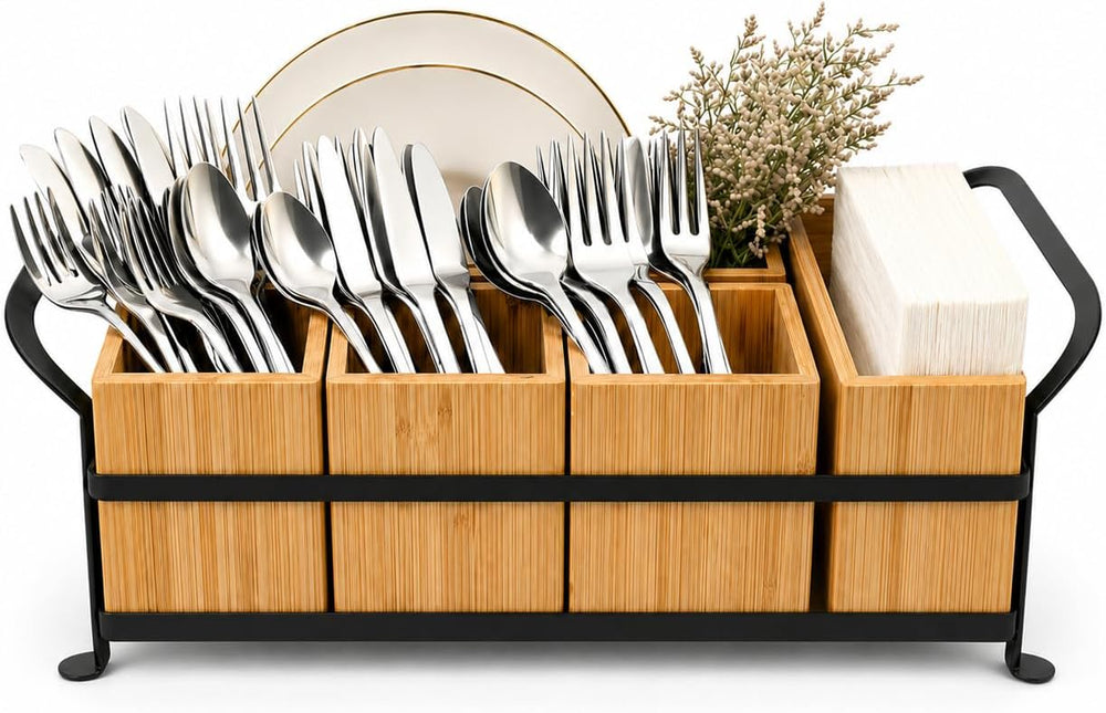 Bamboo Utensil Caddy with Handle - 5 Compartment Silverware Holder for Party ...