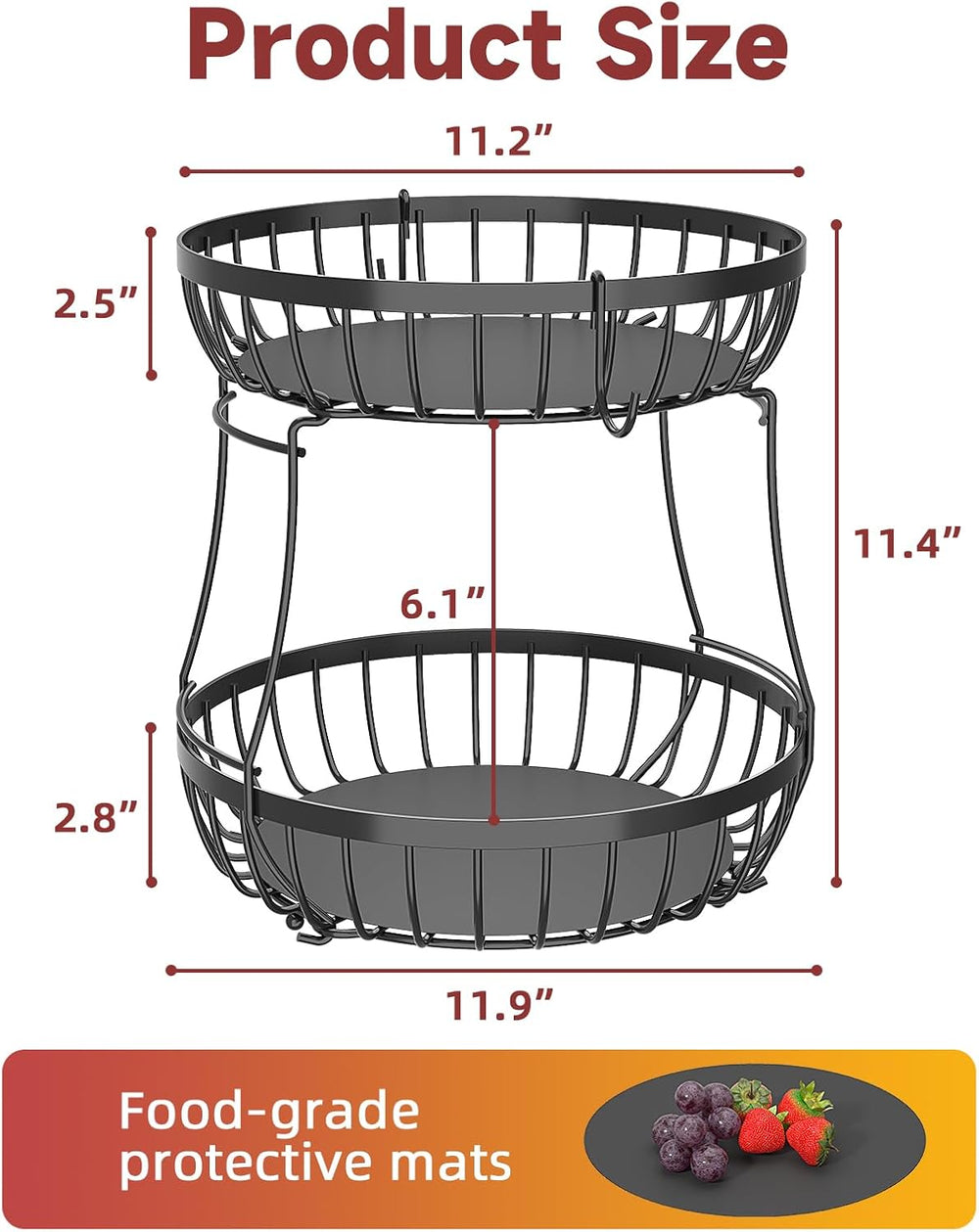 Sevenblue 2 Tier Fruit Bowl for Kitchen Counter, Black, Extra Large