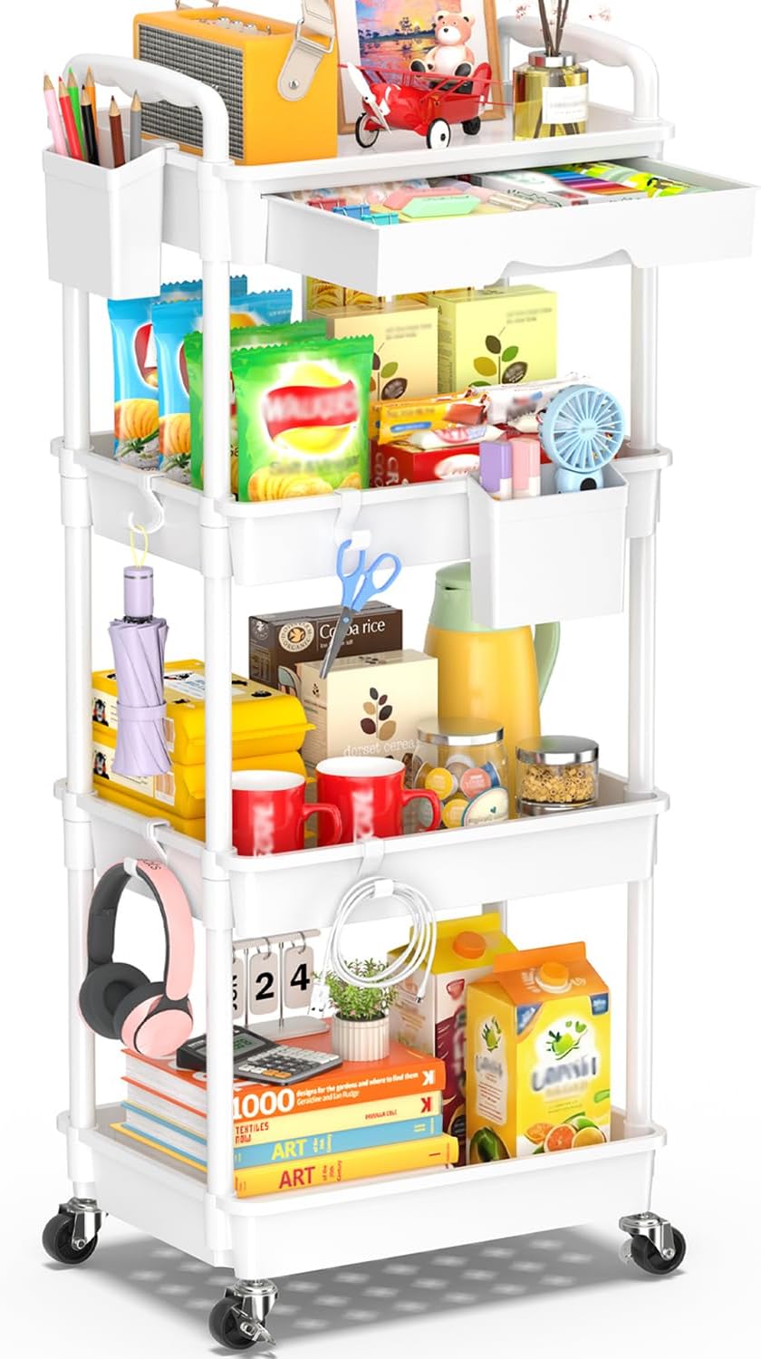 SUNALLY 4 Tier Rolling Cart with Drawer, Craft Storage Cart Organizer,White