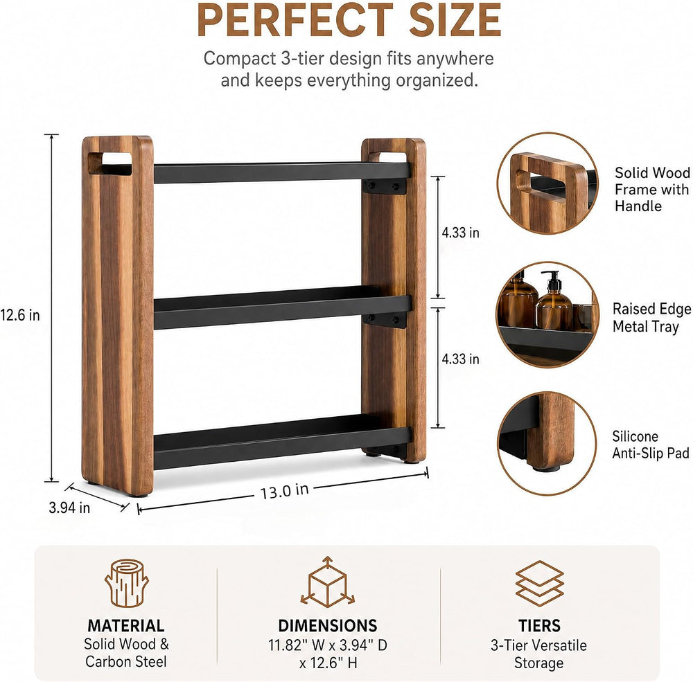 Narrow Solid Wood Bathroom Counter Organizer, Space-Saving Bathroom Storage R...
