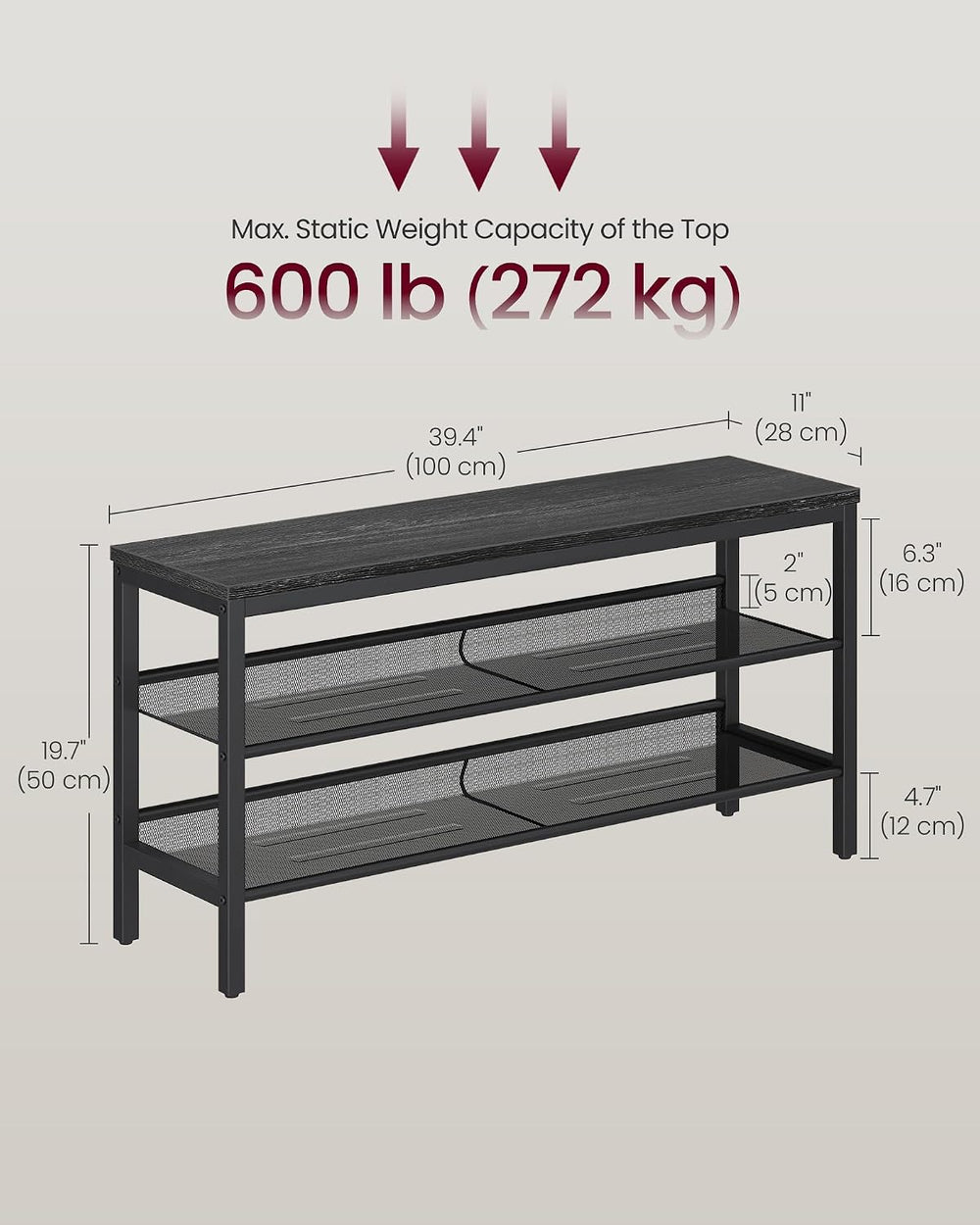 VASAGLE 3 Tier Shoe Rack Bench, One Piece Shelves, Shoe Storage Organizer wit...