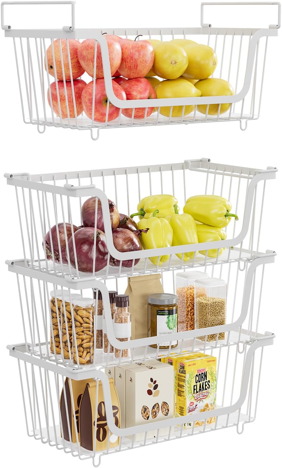 4 Pcs Stackable Wire Baskets for Pantry Organizers and Storage, White