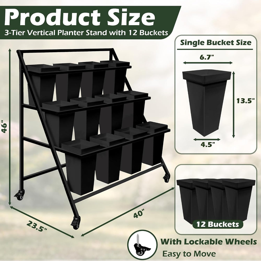 PROLEE Flower Display Stand, 3-Tier Flower Cart with 12 Rectangular Buckets, ...