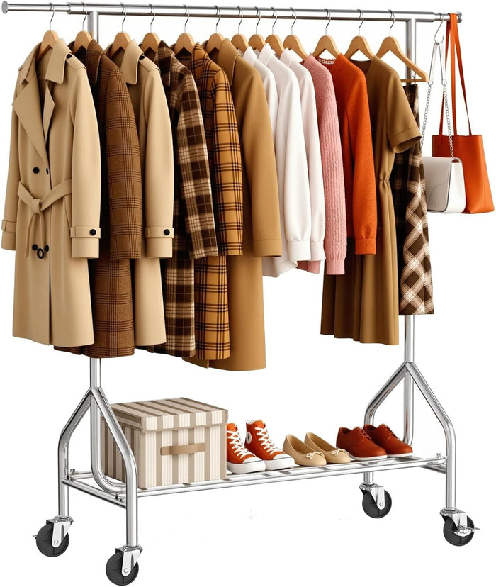 Heavy Duty Clothes Rack Load 500 LBS，Clothes Rack for Hanging Clothes，Rolling Garment Rack, Adjustable Freestanding Wardrobe Closet Coat Rack for Bedroom Laundry Living Room, Silver