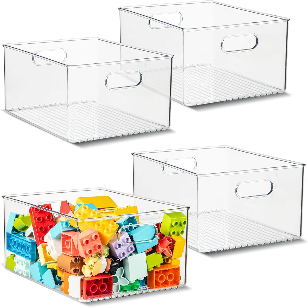 Plastic Food Storage 4 Pack Clear Container Bin with Handles for Organizing K...
