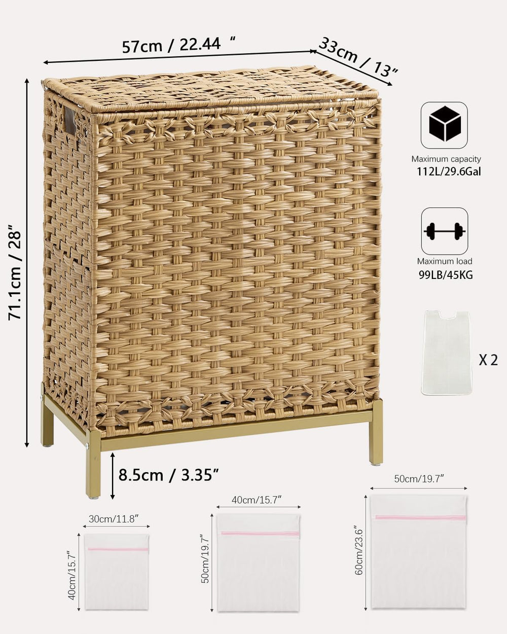 Laundry Hamper with Lid, 112 L Handwoven Rattan Wicker Laundry Basket, 2 Remo...