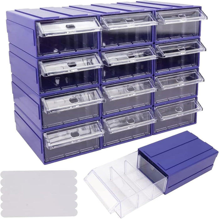 12 Pcs Drawer Stacking Storage Cabinet, Blue Plastic Drawers Storage Closet & 36 Pcs Clear Dividers Organizer Rack & 48 Pcs Tag Card & 24 Pcs Non-slip Stickers for Home Office School