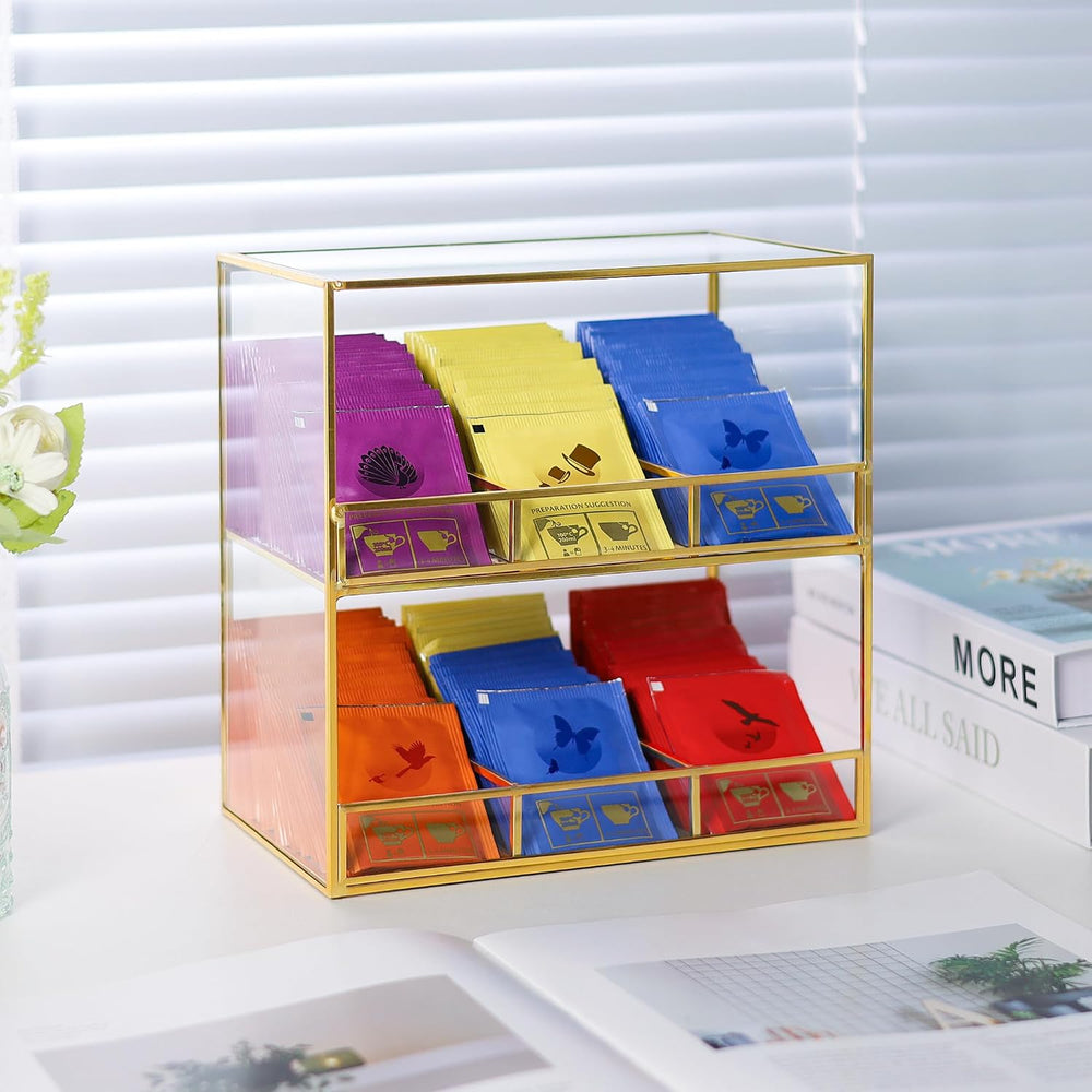 REDHUGO Glass Tea Bag Organizer for Counter, 2-Tier Teabag Organizer Storage ...