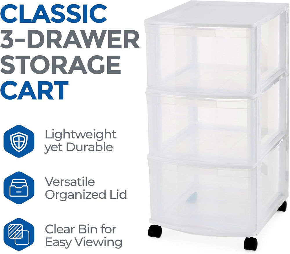 Gracious Living 3-Drawer Organizer Cart, Plastic Dresser with Wheels, 3 Tier ...