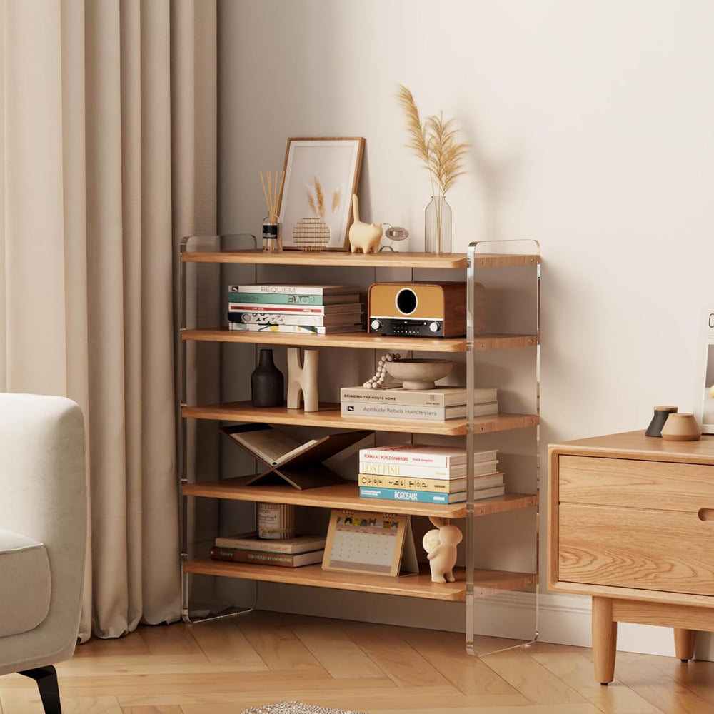 5-Tier Shoe Rack, Wood Acrylic Shoe Shelf, Natural, 29" W