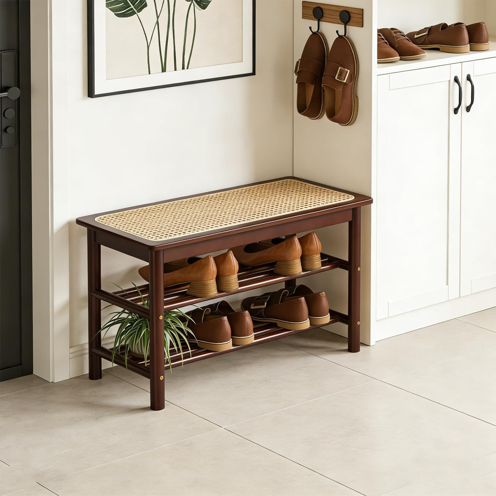 latifolia Shoe Rack Bench, 3-Tier Bamboo Shoe Bench with Breathable Rattan Se...