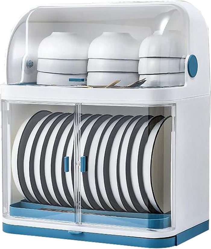 2 Tier Dish Racks with Lid Cover for Kitchen Counter Plastic Kitchen Cabinet Organizer Dish Drying Rack Utensil Holder Plates Bowls Saving Space