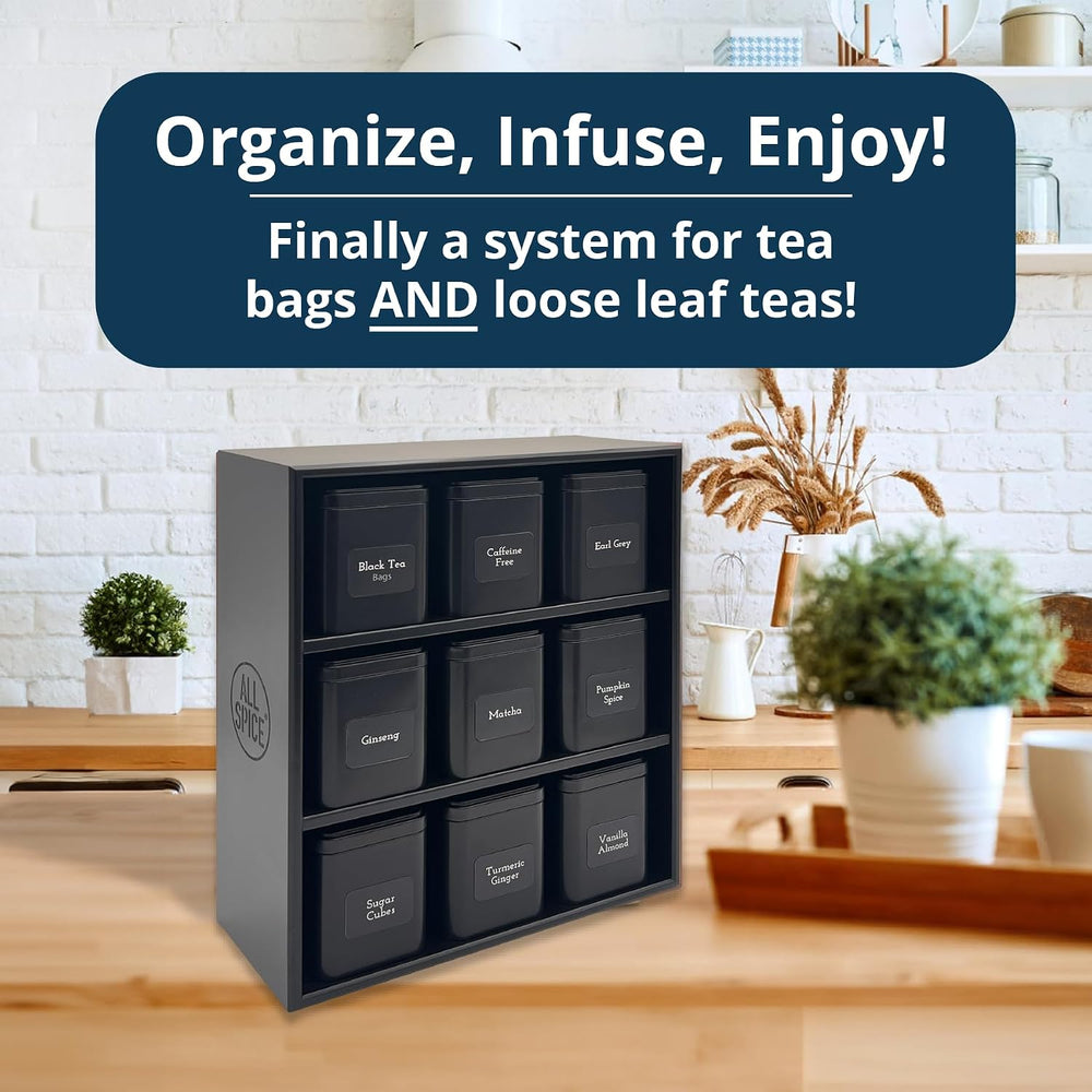 AllSpice Tea Organizer Rack with 9 Tins & 160 Magnetic Labels – Perfect f...
