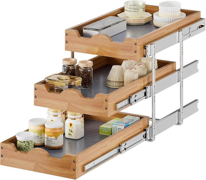 OCG Pull Out Cabinet Drawer 11" W x 21" D, 3 Tier Pull Out Cabinet Organizer, Heavy-Duty Slide Out Drawer for Cabinets, Base Cabinet Organization for Kitchen, Pantry, Bathroom