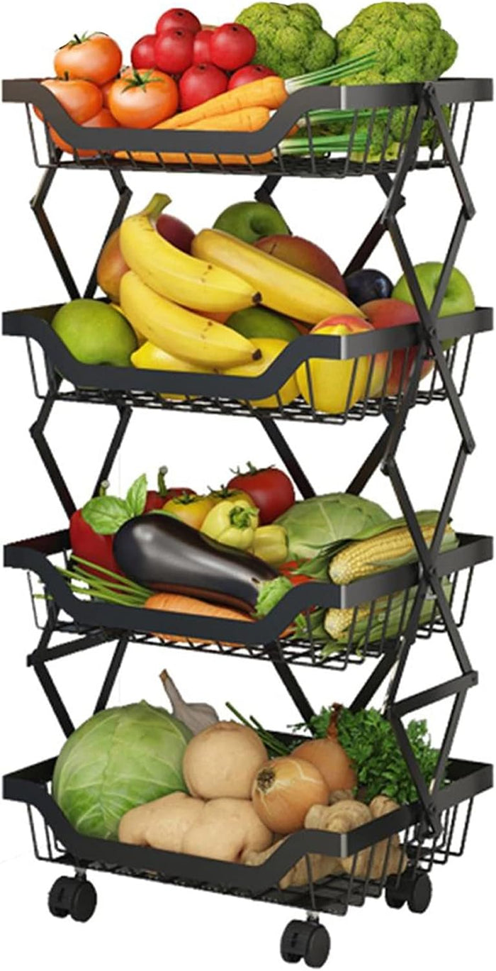 4-Tier Rolling Pantry Floor Organizer with Wheels, Foldable Fruit Vegetable Storage Cart, Metal Wire Pantry Basket, Kitchen Fruit Basket Stand, Vegetable Storage Rack for Fruits Snack Onion Potato