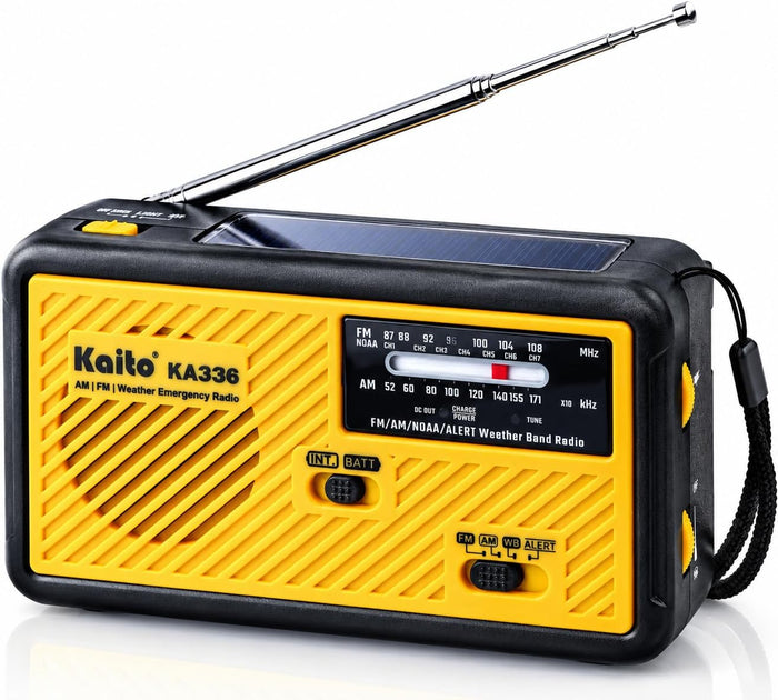 Kaito Voyager ECO Emergency Radio KA336 AM/FM NOAA Weather Alert 5-Way Powered Solar Crank Radio Receiver with LED Flashlight and USB Mobile Phone Charger Yellow