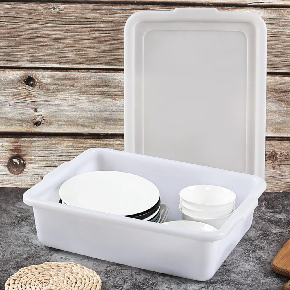 Hespama 3 Pack Commercial Bus Tub with Lid, 13 L Plastic Wash Basin, White