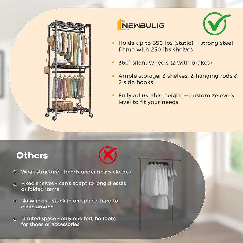 NEWBULIG Heavy Duty Clothing Rack with Wheels, 3-Tier Adjustable Wire Garment...