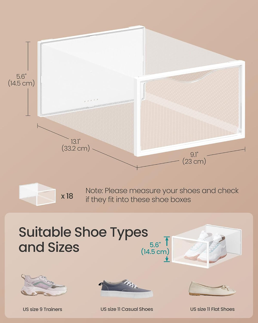 SONGMICS Shoe Boxes, Stackable Sneaker Containers for Closet, 18 Pack