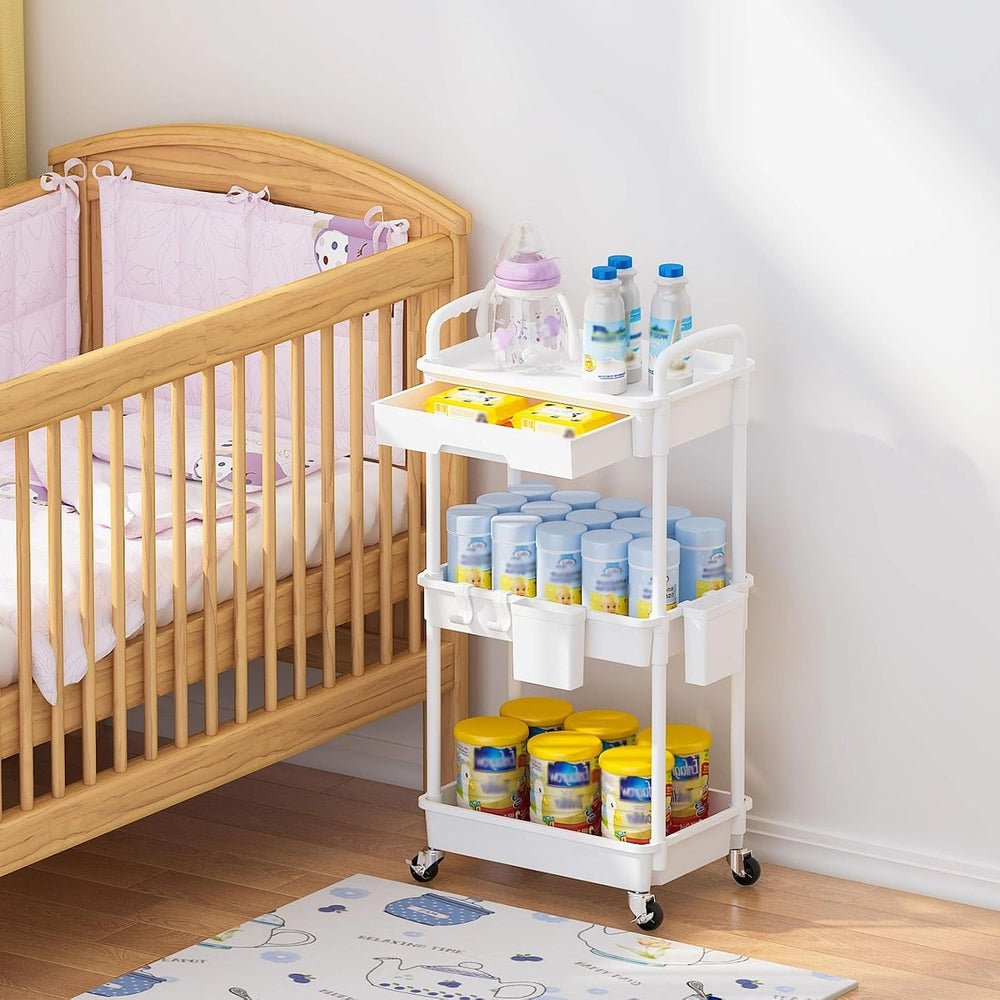 3 Tier Rolling Utility Cart with Drawer, Plastic Storage Organizer Rolling Ca...