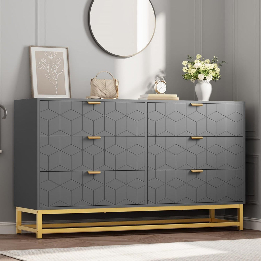 IDEALHOUSE Grey 6 Drawer Dresser for Bedroom, 53.5” Large Dresser with Metal ...