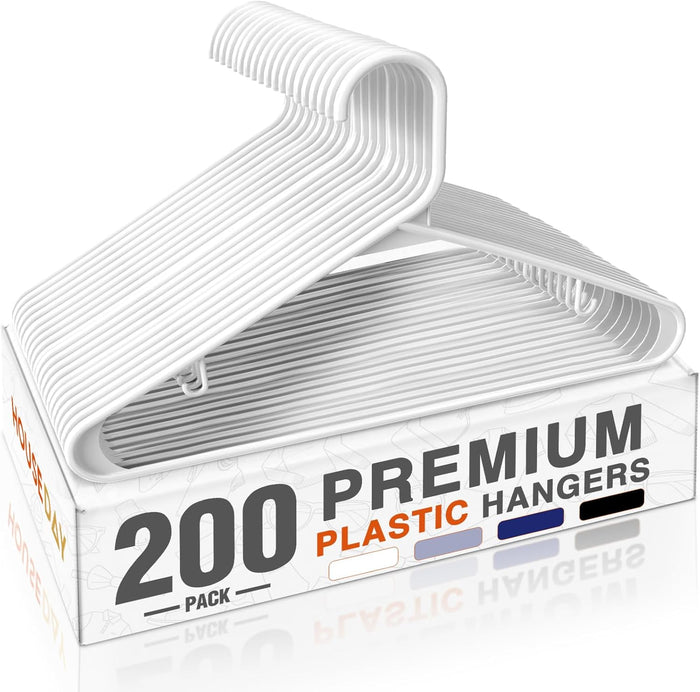 HOUSE DAY White Plastic Hangers 200 Pack, Slim Space-Saving Clothes Hangers