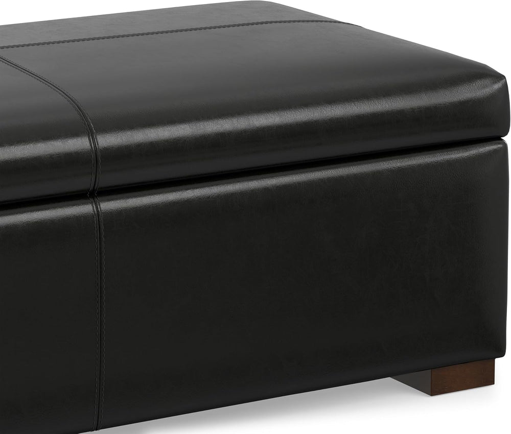 SIMPLIHOME Gabbie 48" Wide Vegan Leather Storage Ottoman in Midnight Black