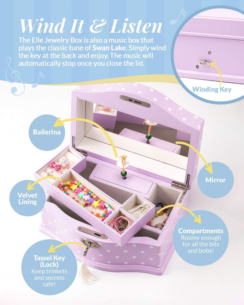 Elle Jewelry Box - Ballerina Jewelry Organizer and Swan Lake Wind-Up Music Bo...