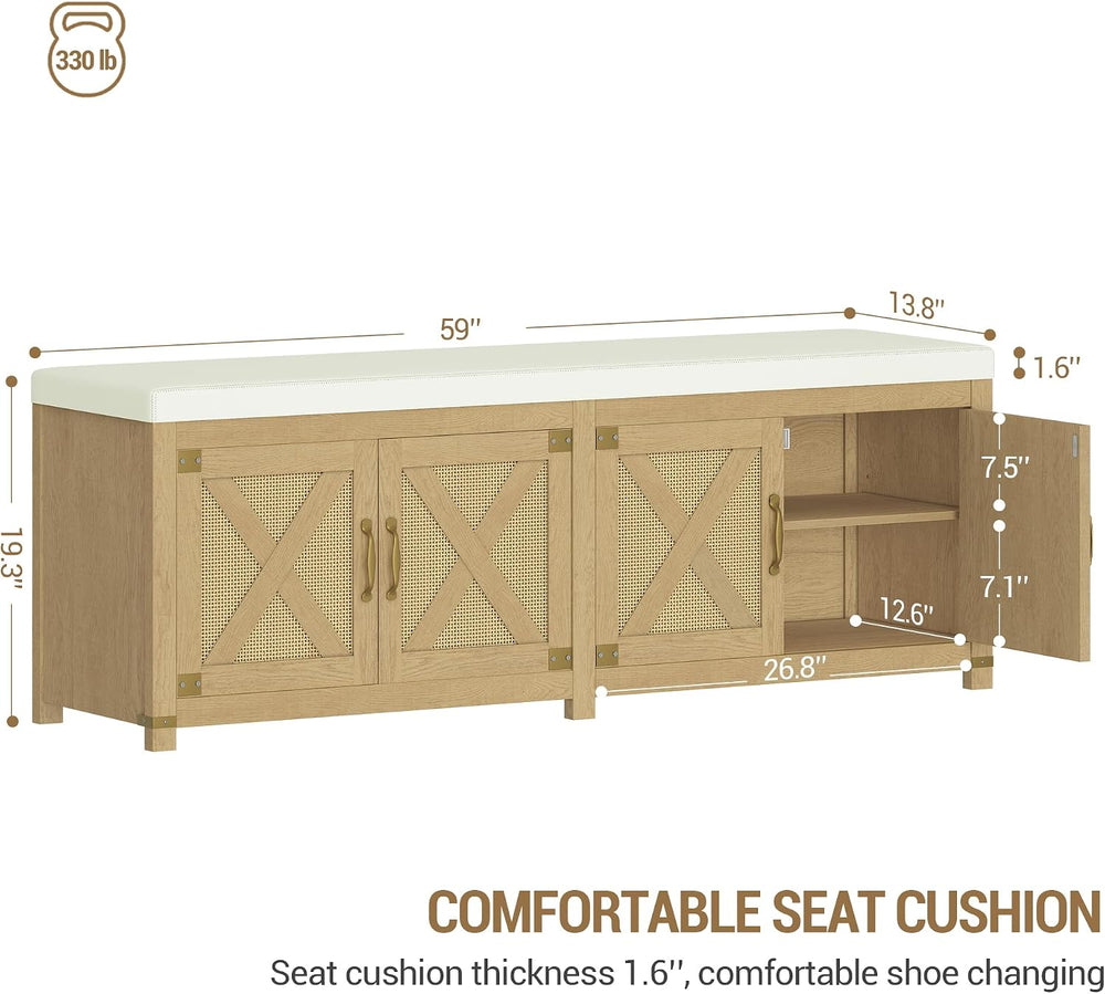 Hzuaneri 59" Shoe Storage Bench, with Soft Padded Seat Cushion & Doors