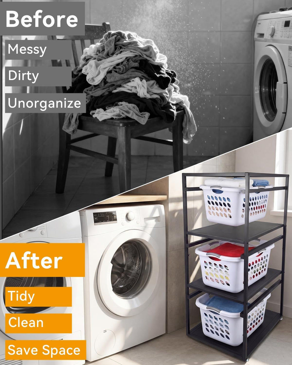 Laundry Basket Holder Shelf, 3-Tier Metal Laundry Basket Organizer with Wheel...