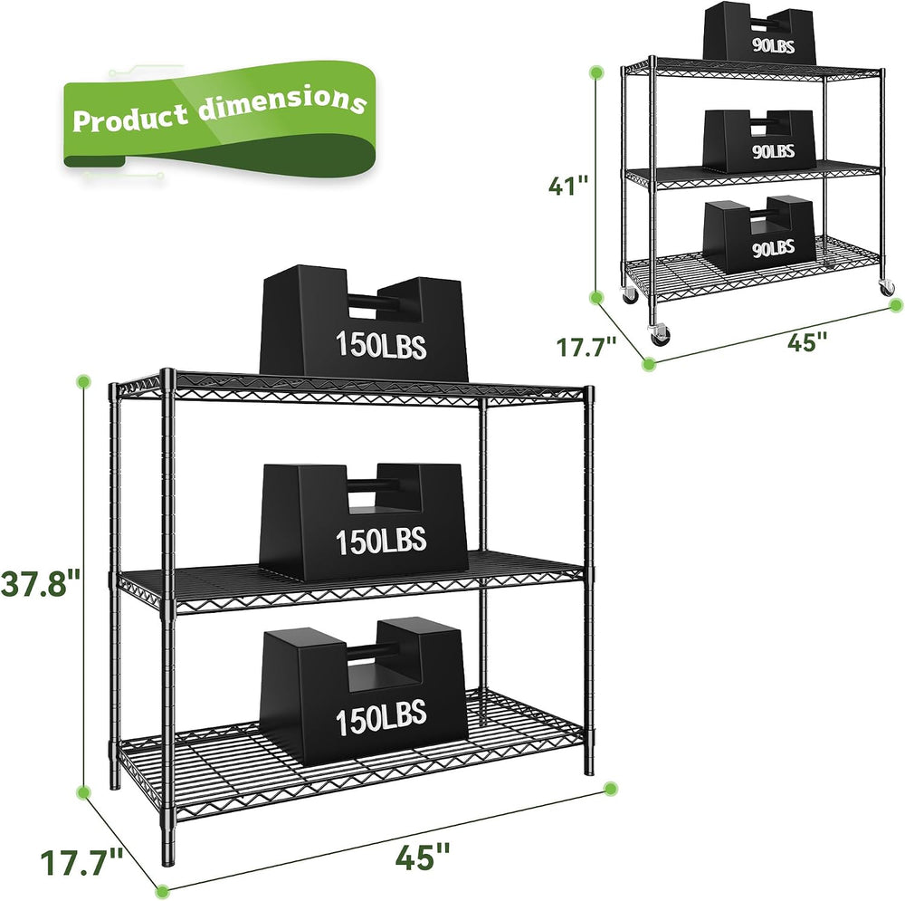 DurayLoly 45" W 3-Tier Metal Shelf on Wheels,450lbs,Kitchen, Laundry,Garage