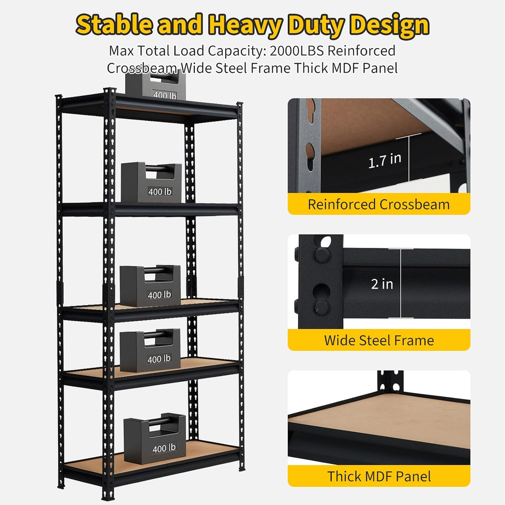Takywep Heavy Duty Garage Shelving 2000lbs, Adjustable 5 Tier Metal Storage S...
