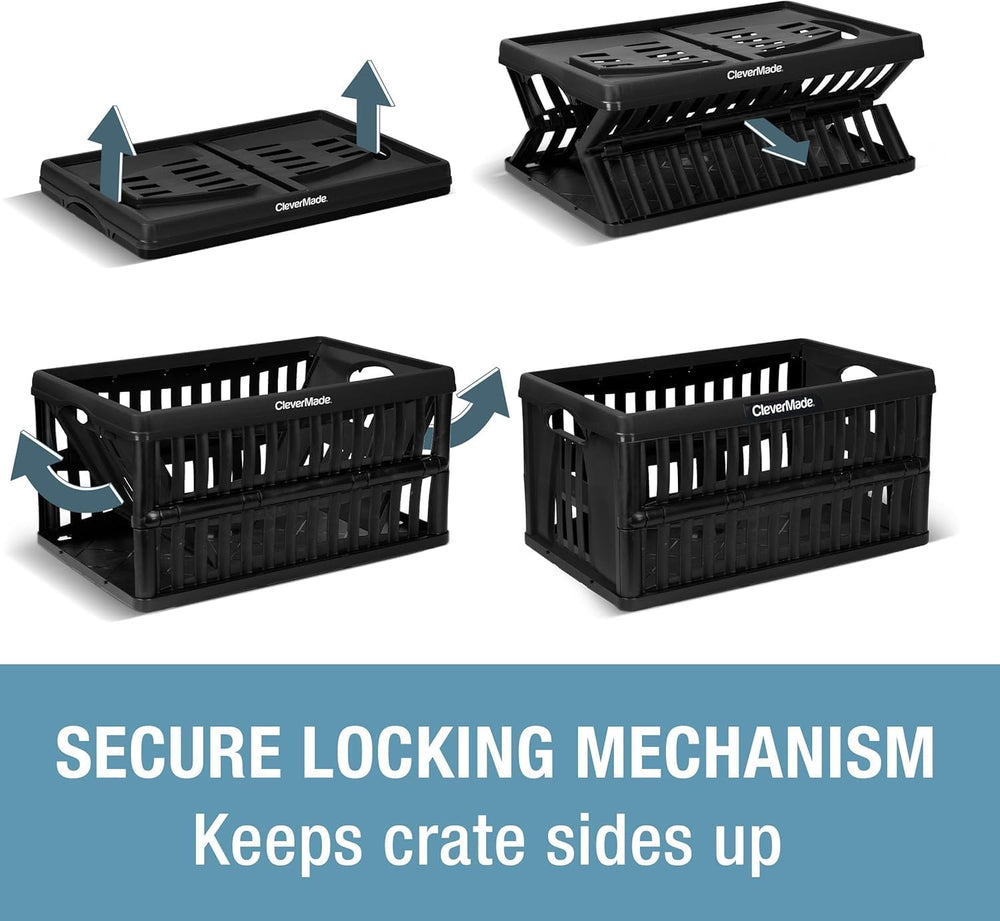 CleverMade Collapsible Utility Crates, 60L Storage Crate, 3 Pack, Obsidian