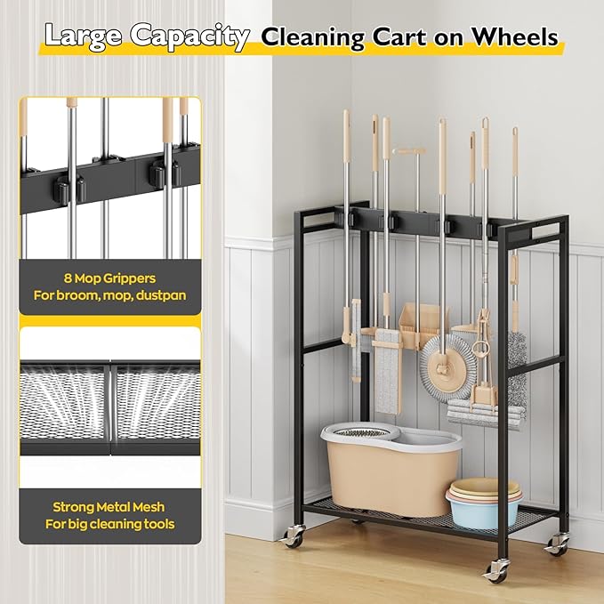 BORISI Broom And Mop Holder, Movable Broom Closet Storage Cabinet, Cleaning Cart
