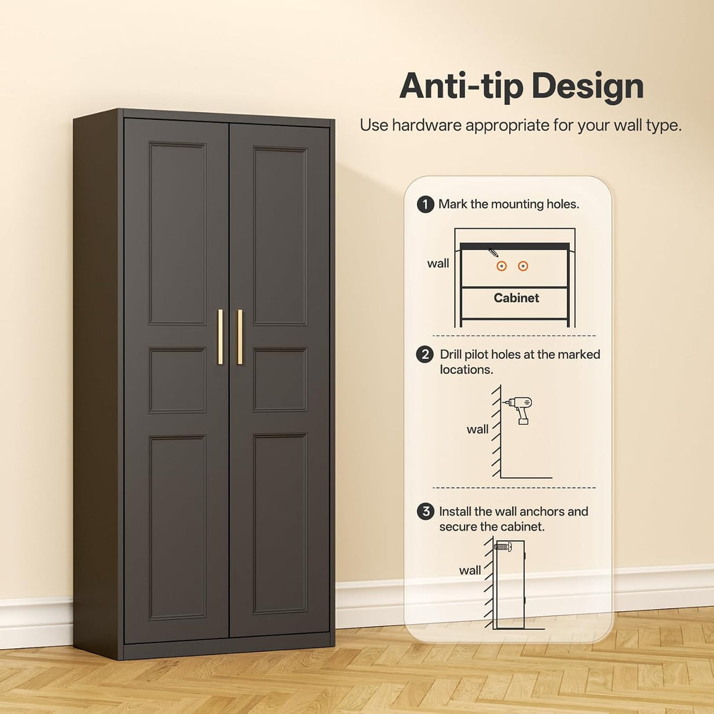 71" Metal Pantry Cabinet, Black Pantry Storage Cabinet with Doors and 4 ...