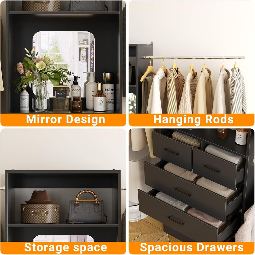 Unikito 8FT Closet System with Mirror and 3 Extendable Hanging Rods, Black